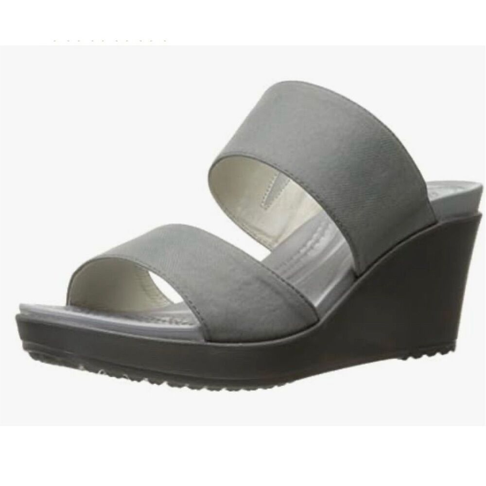 Crocs Leigh II Women's Gray 2-Strap Wedge Sandals Dual Comfort Slip-On Casual
